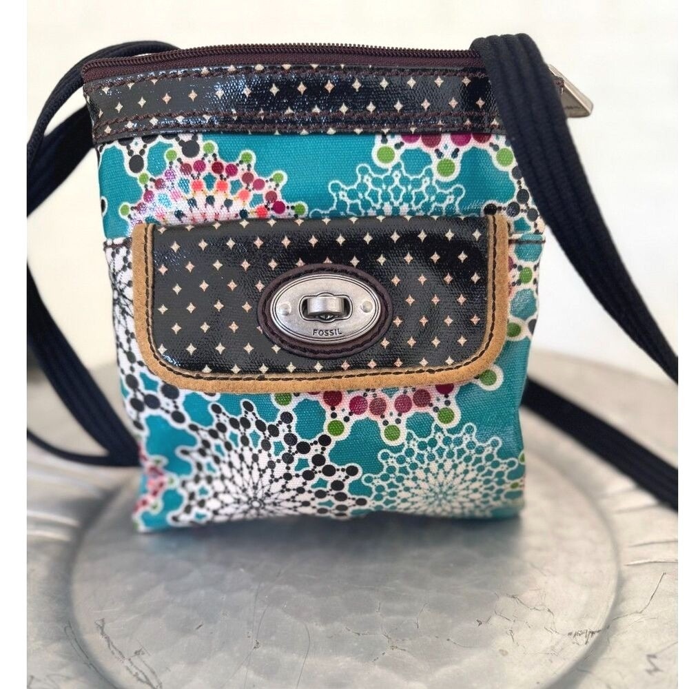 Vintage Fossil Coated Canvas Crossbody Bag Silver Tone Hardware
